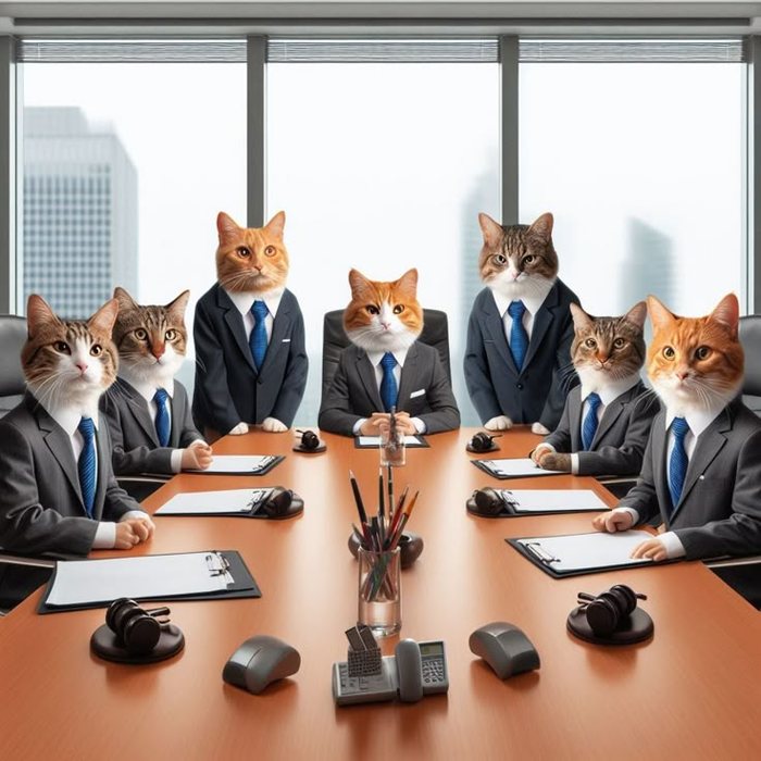 Seven cats in suits and ties sitting around a boardroom table