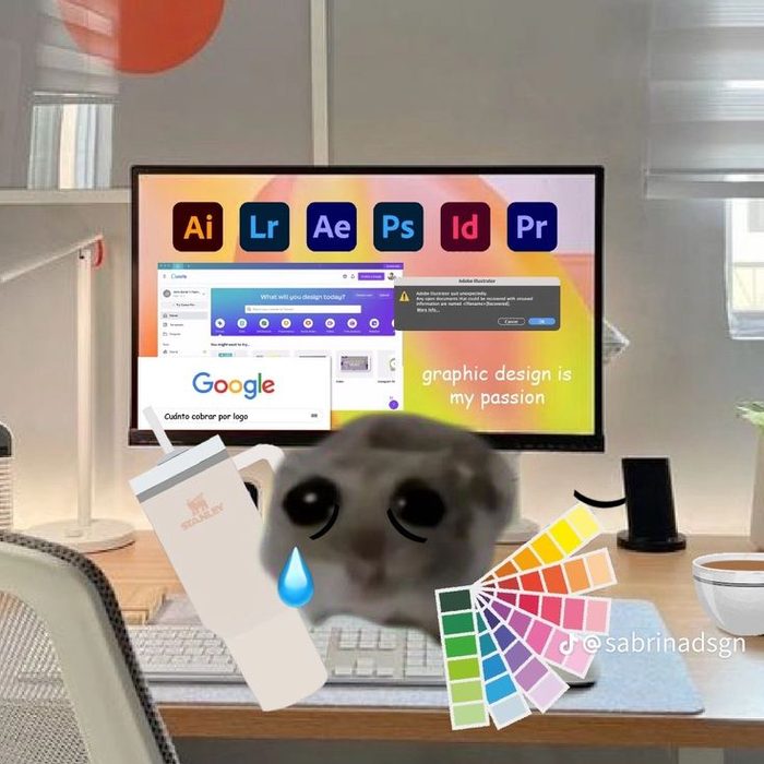 A teary cartoon blob at a desk in front of a monitor full of Adobe apps and colour swatches